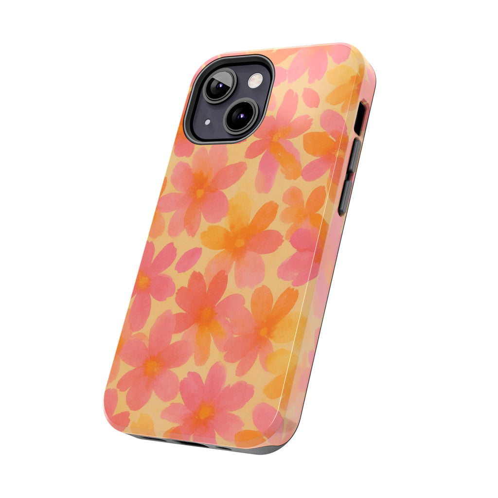 Floral Watercolor Tough Phone Case — Pink & Orange Bloom Protective Cover