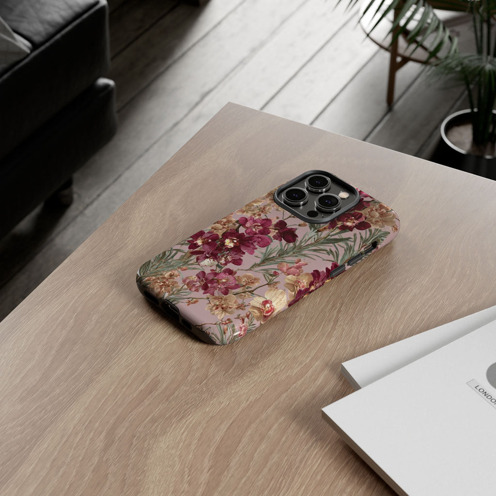 Floral Orchid Tough Phone Case — Vintage Pink Burgundy Protection