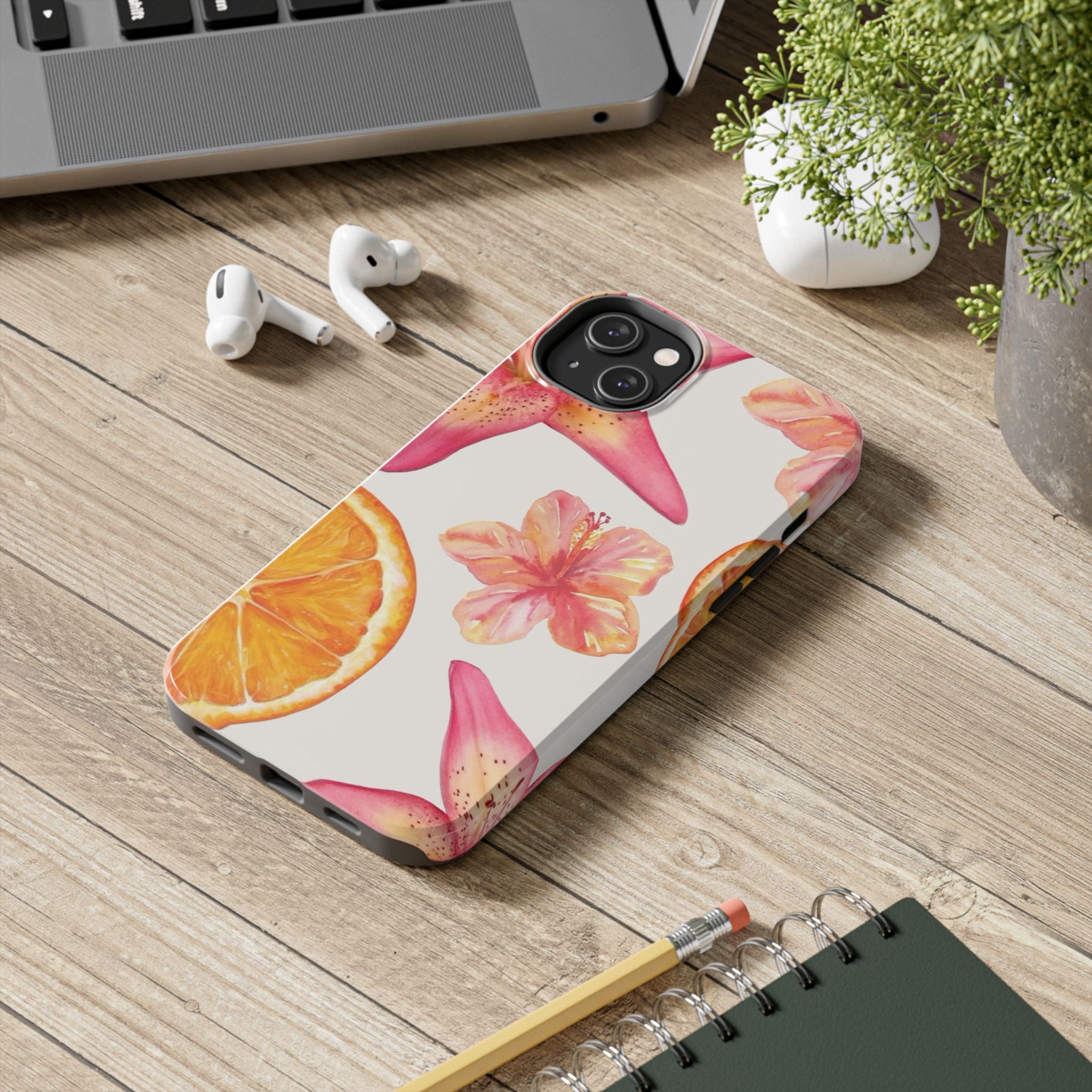 Tough Phone Case — Tropical Citrus & Pink Hibiscus Design