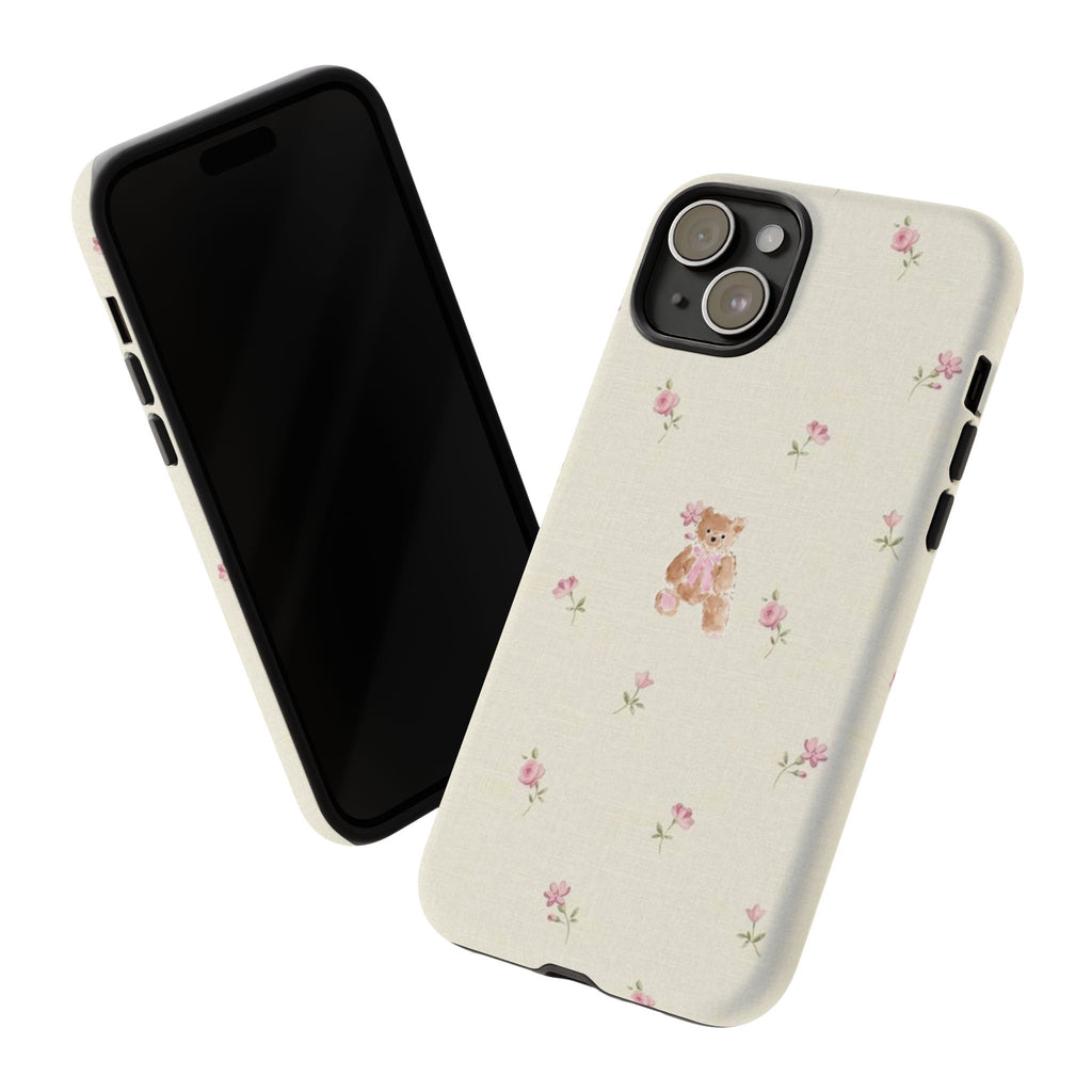 Teddy Floral Tough Phone Case — Cute Pastel Bear & Rose Pattern