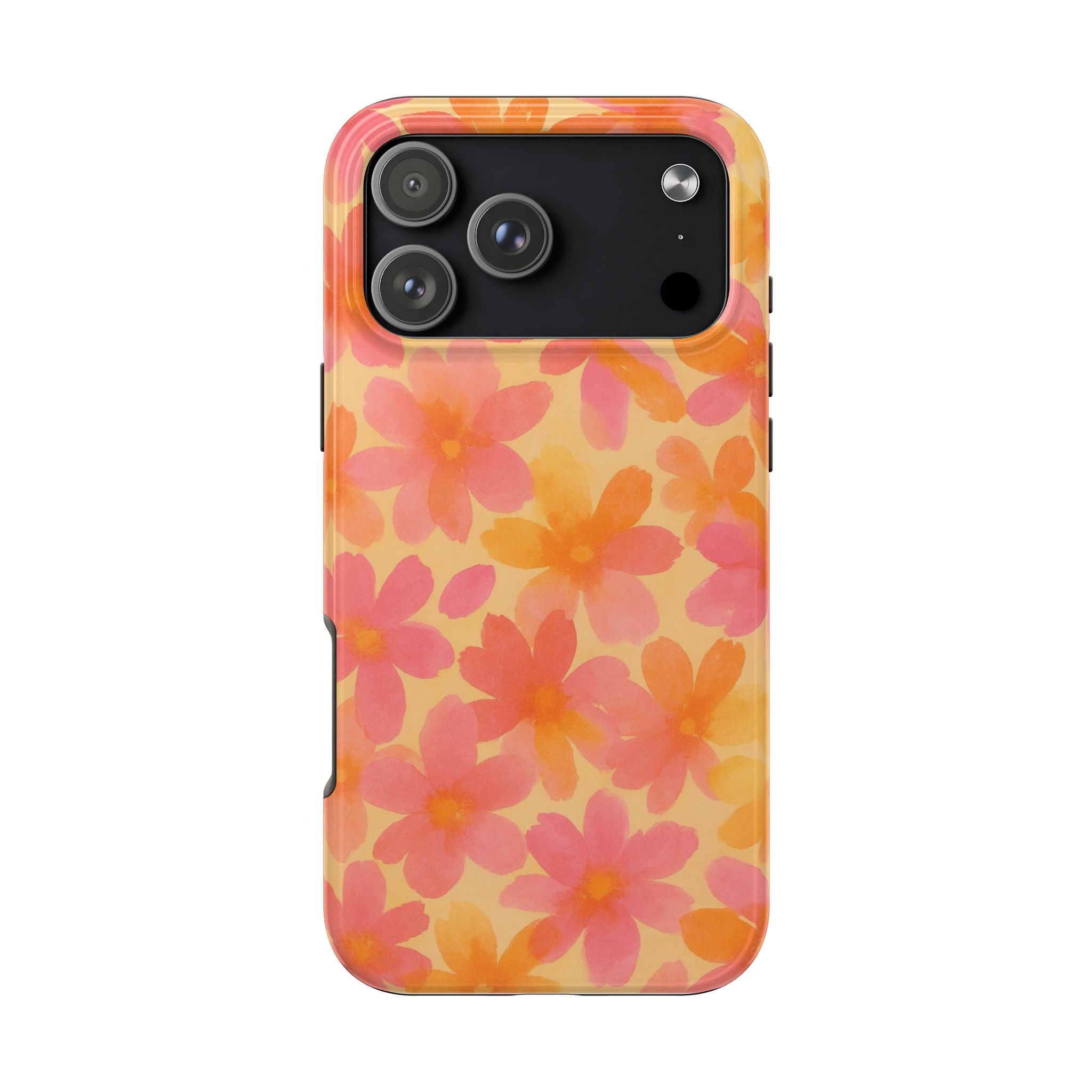 Floral Watercolor Tough Phone Case — Pink & Orange Bloom Protective Cover