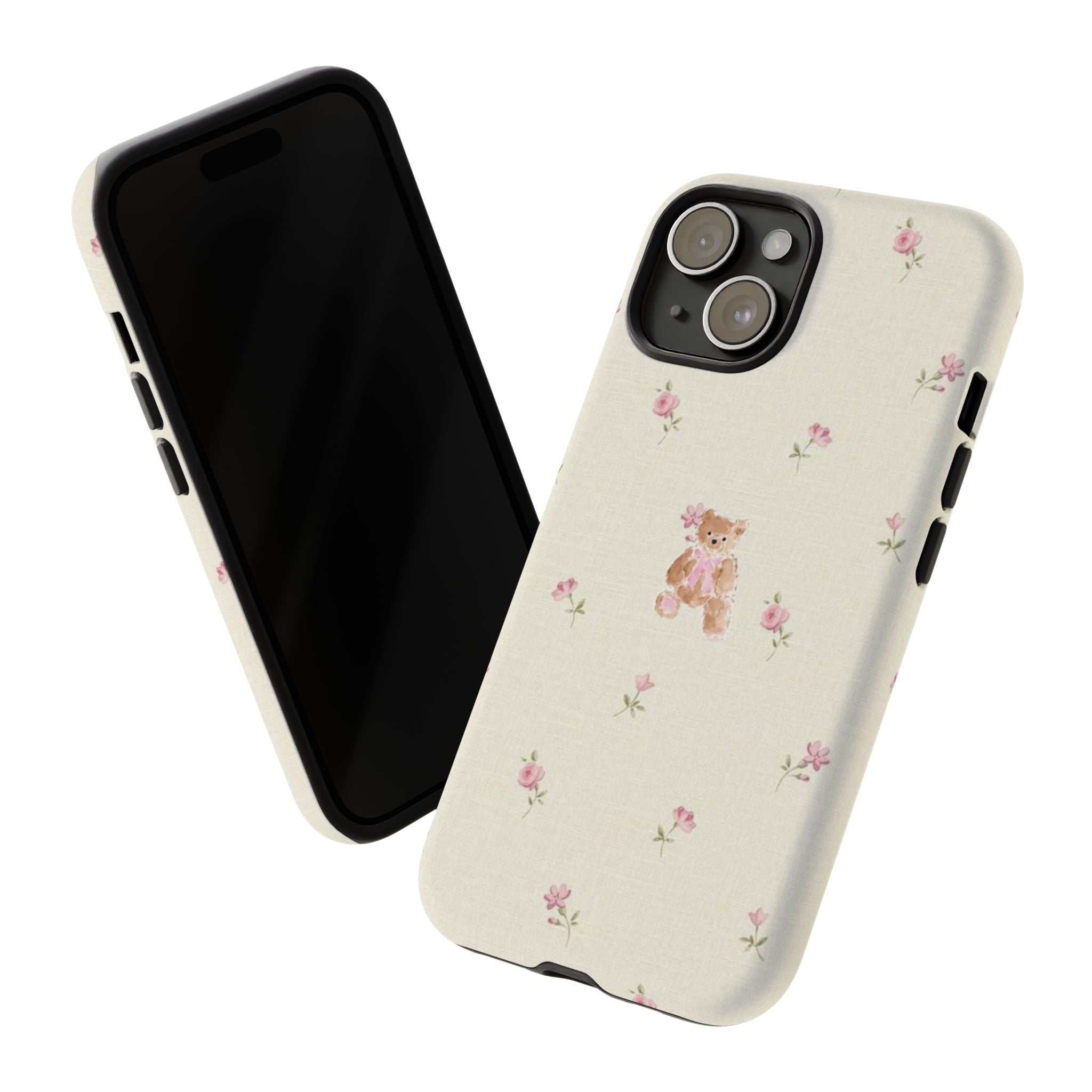 Teddy Floral Tough Phone Case — Cute Pastel Bear & Rose Pattern