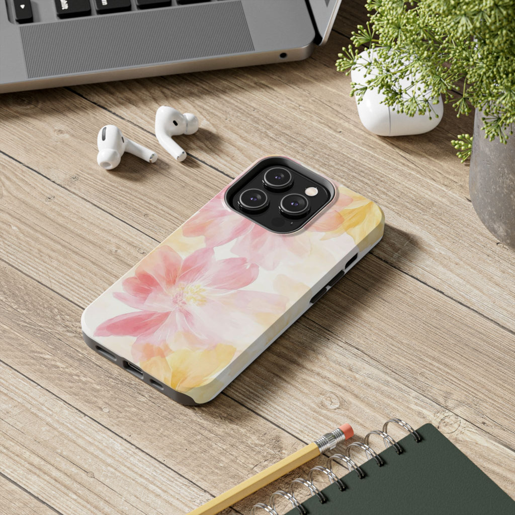 Floral Watercolor Tough Phone Case — Pink & Yellow Bloom Protective Cover
