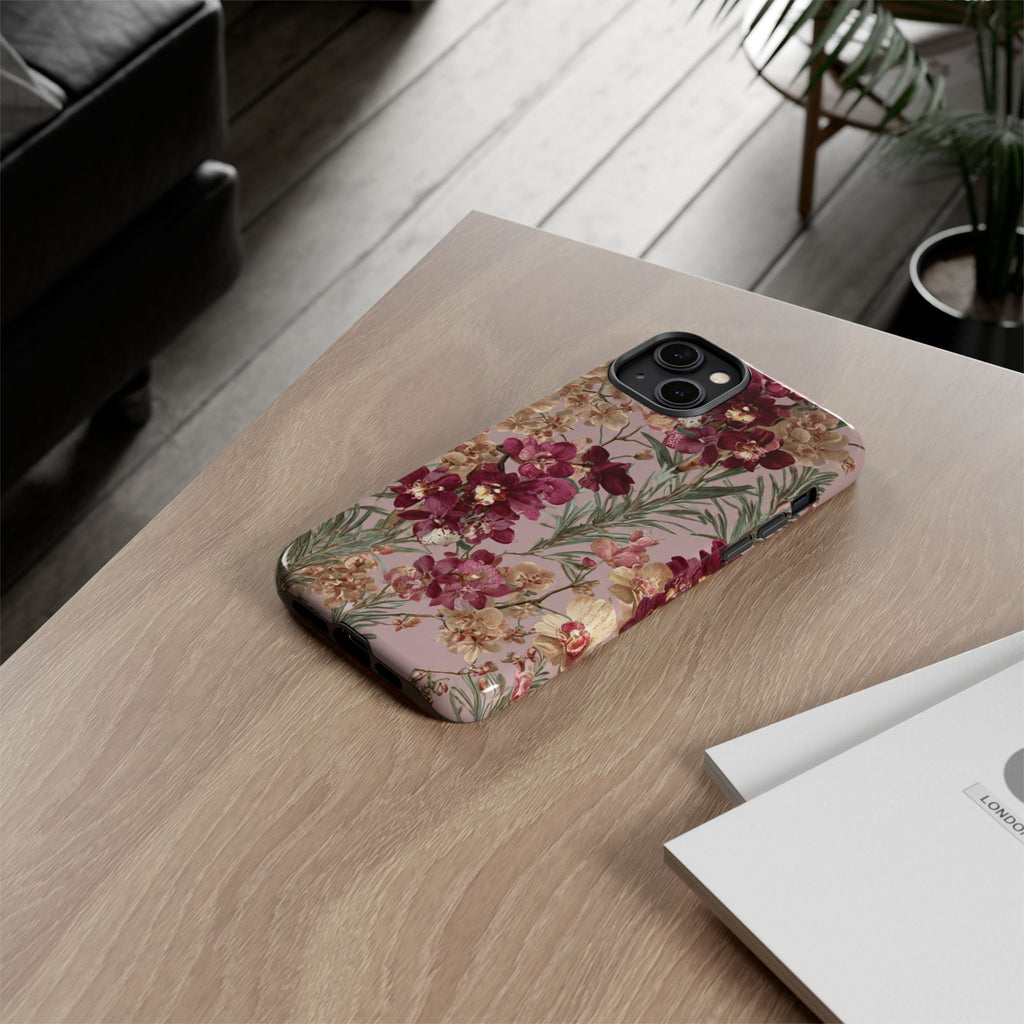 Floral Orchid Tough Phone Case — Vintage Pink Burgundy Protection