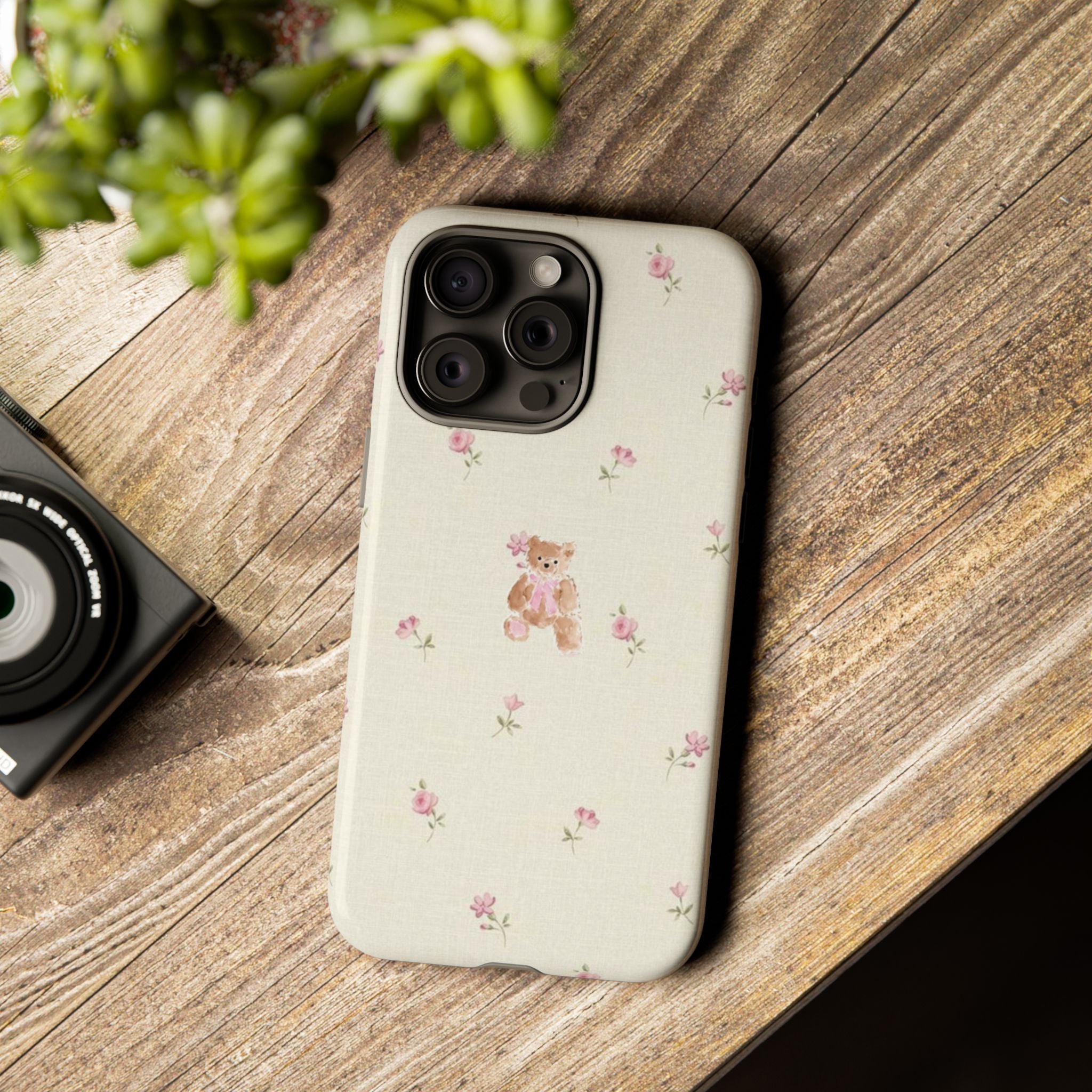 Teddy Floral Tough Phone Case — Cute Pastel Bear & Rose Pattern