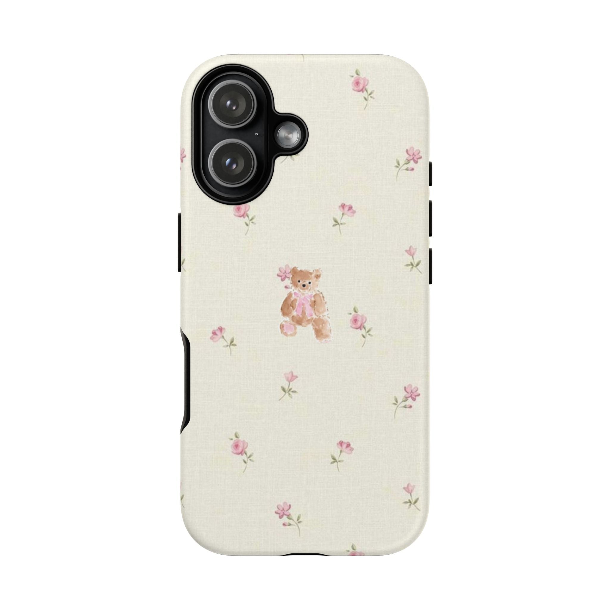 Teddy Floral Tough Phone Case — Cute Pastel Bear & Rose Pattern