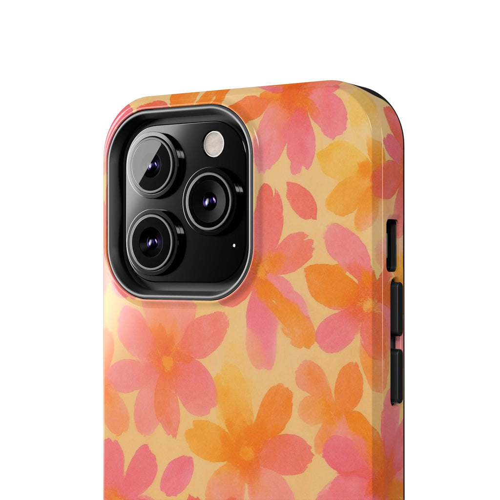 Floral Watercolor Tough Phone Case — Pink & Orange Bloom Protective Cover