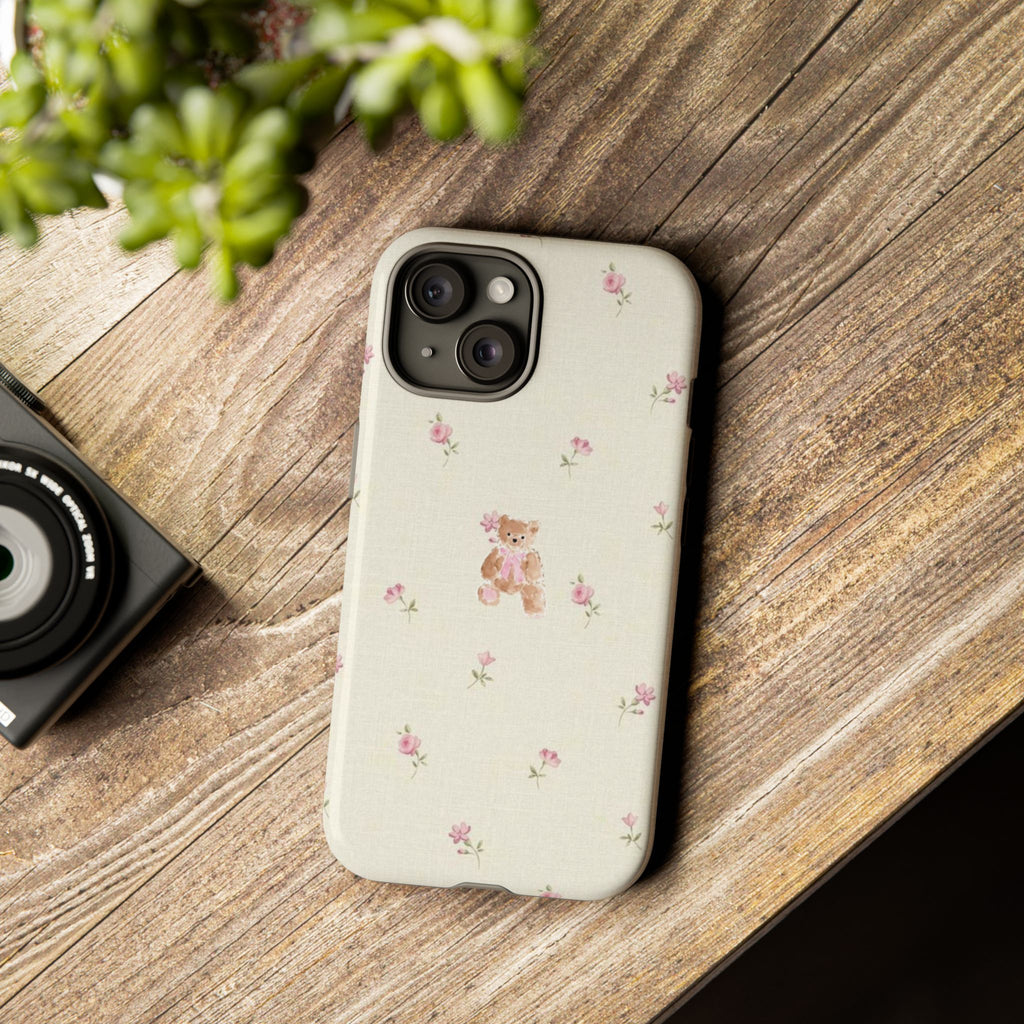 Teddy Floral Tough Phone Case — Cute Pastel Bear & Rose Pattern
