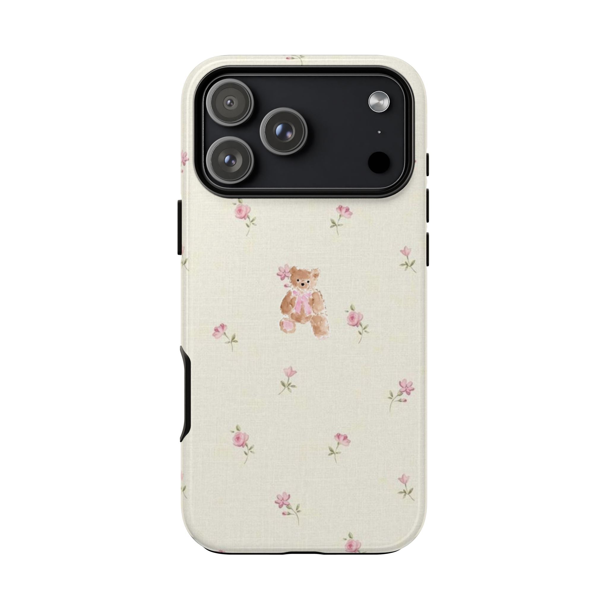 Teddy Floral Tough Phone Case — Cute Pastel Bear & Rose Pattern