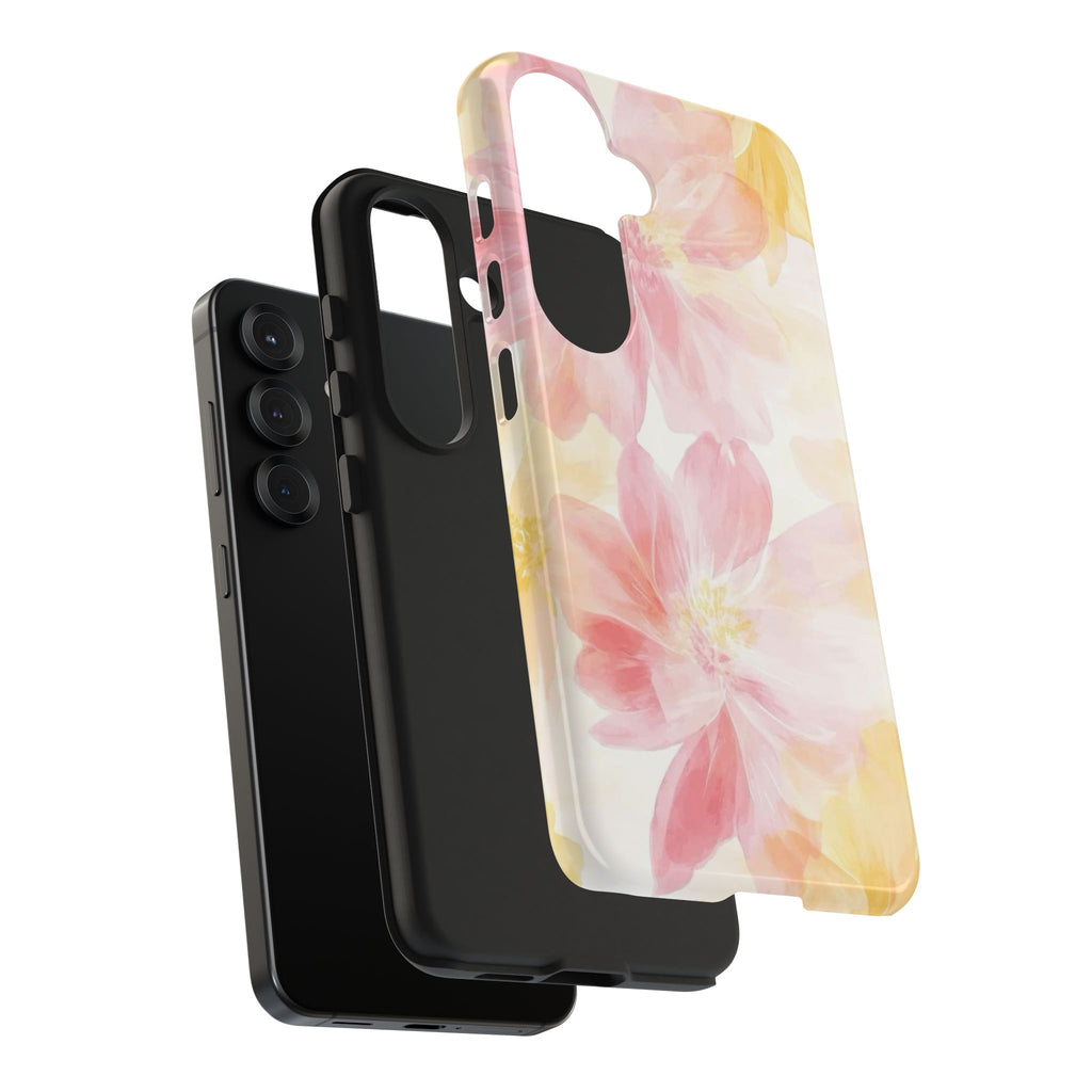Floral Watercolor Tough Phone Case — Pink & Yellow Bloom Protective Cover