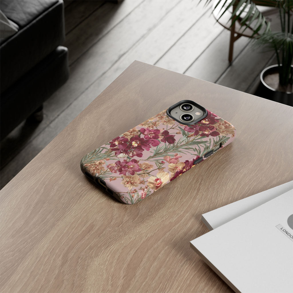 Floral Orchid Tough Phone Case — Vintage Pink Burgundy Protection