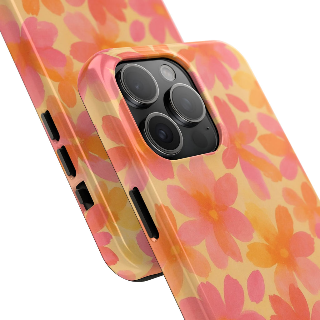Floral Watercolor Tough Phone Case — Pink & Orange Bloom Protective Cover