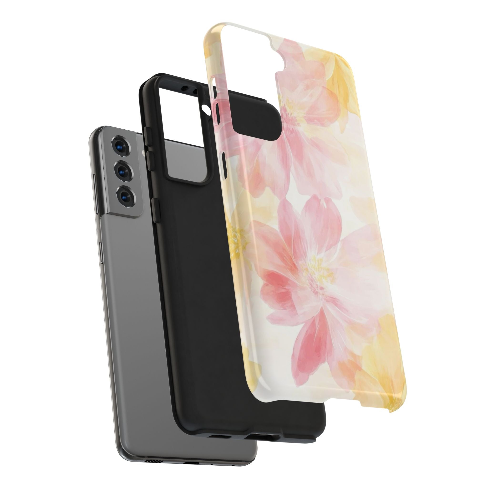 Floral Watercolor Tough Phone Case — Pink & Yellow Bloom Protective Cover