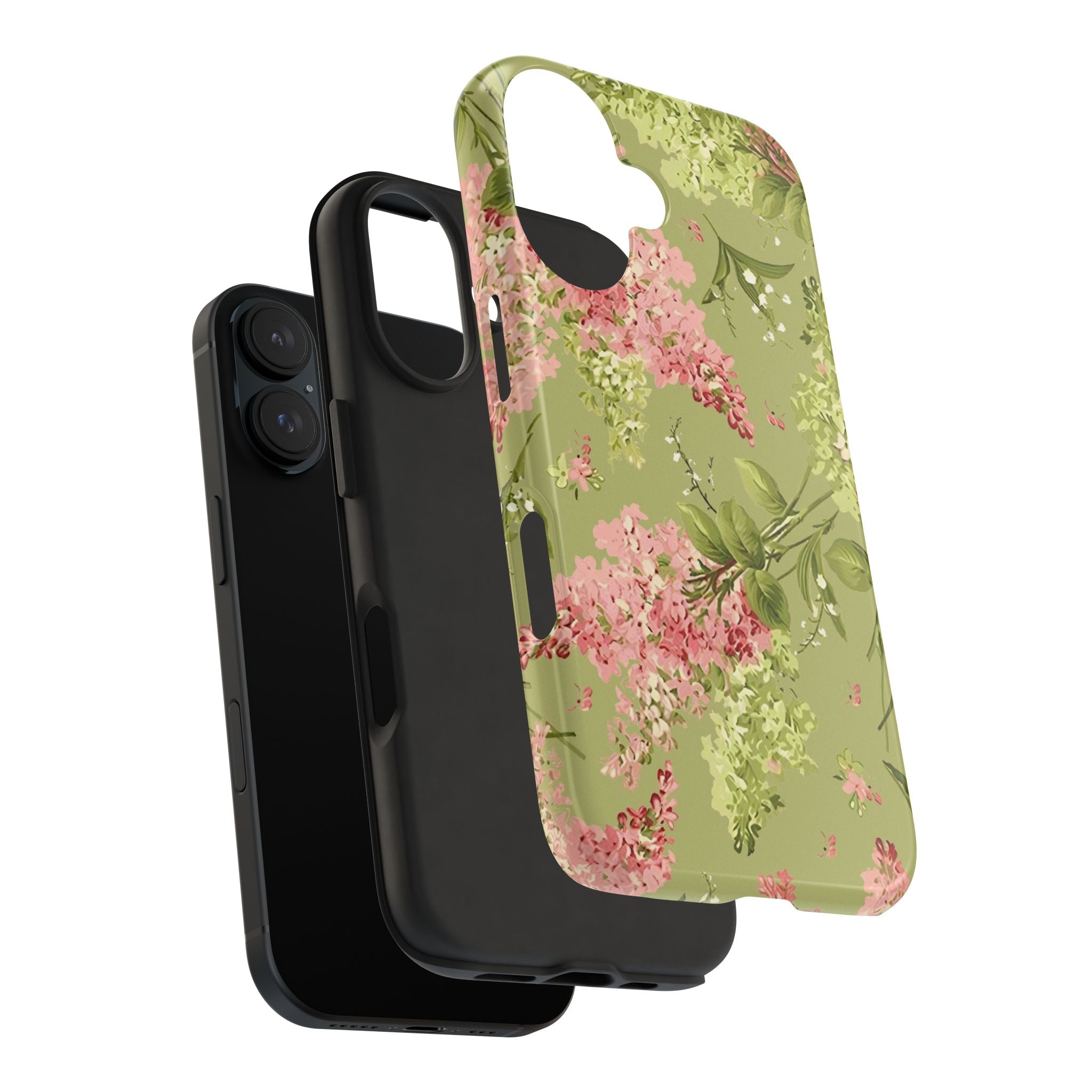 Floral Green Tough Phone Case — Vintage Pink Hydrangea Protective Phone Cover