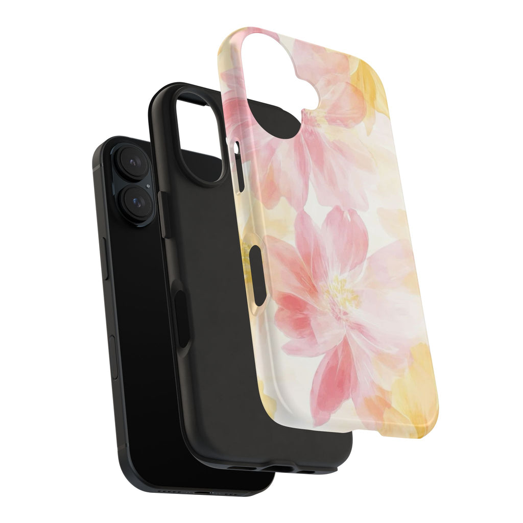 Floral Watercolor Tough Phone Case — Pink & Yellow Bloom Protective Cover