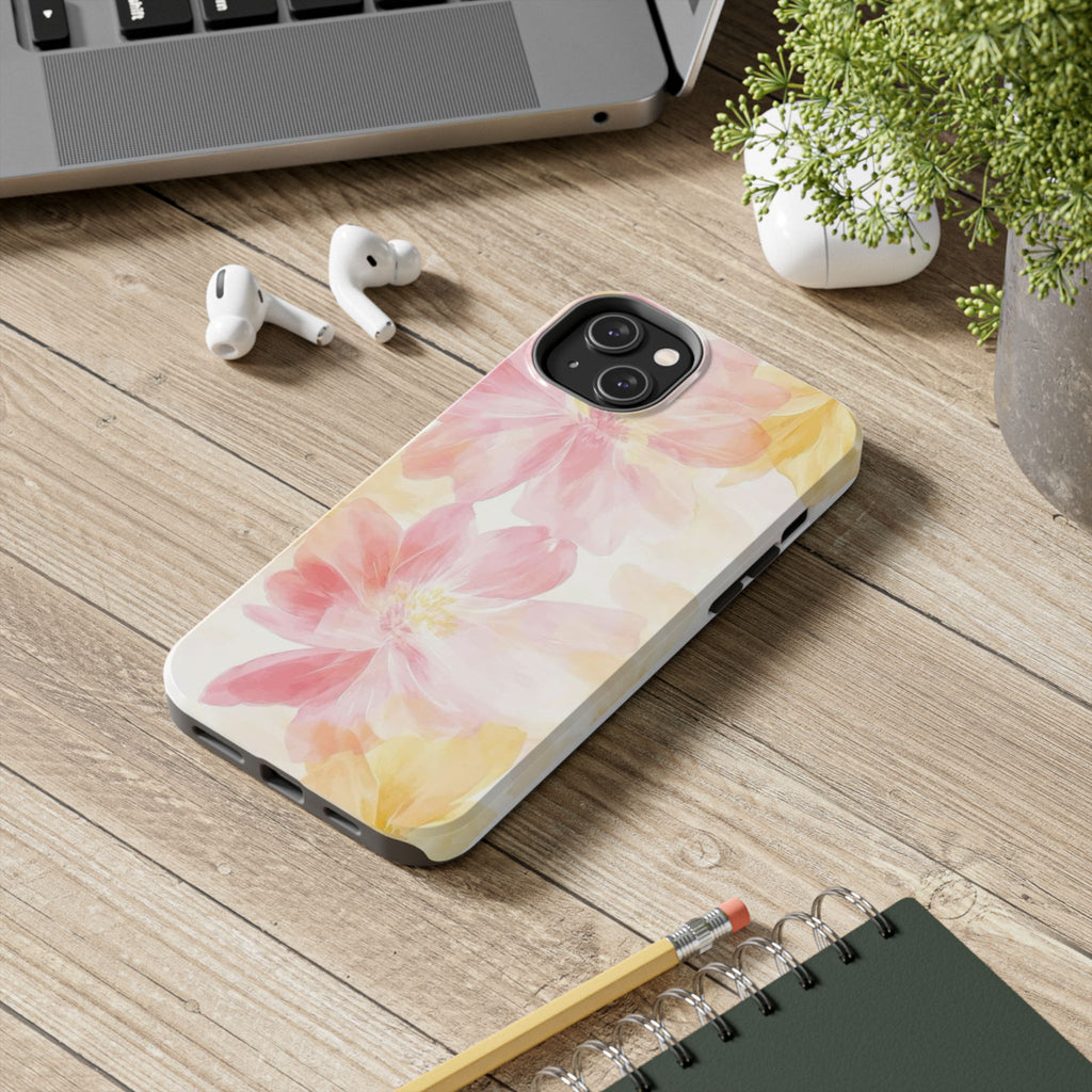 Floral Watercolor Tough Phone Case — Pink & Yellow Bloom Protective Cover