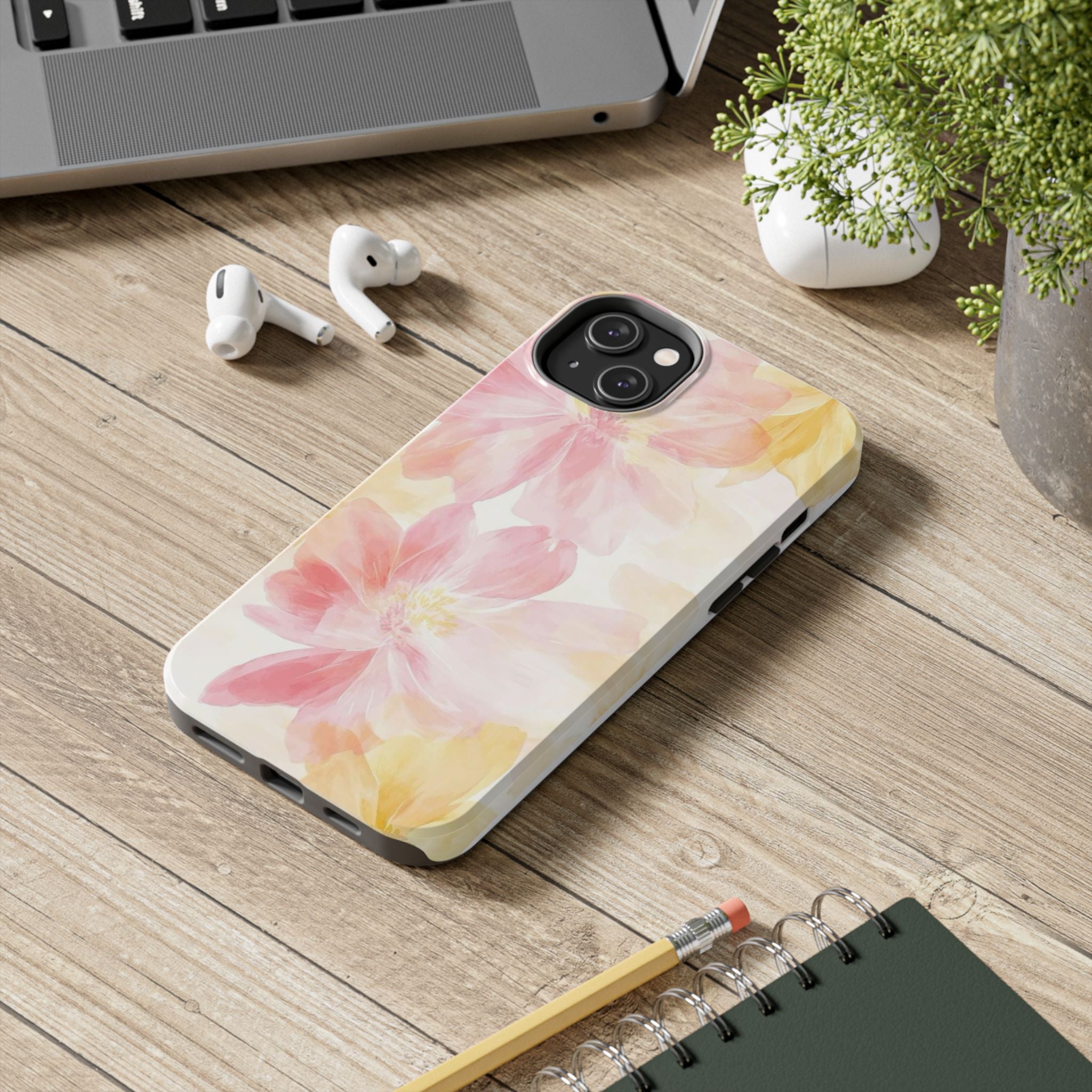 Floral Watercolor Tough Phone Case — Pink & Yellow Bloom Protective Cover