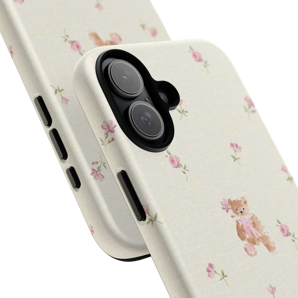 Teddy Floral Tough Phone Case — Cute Pastel Bear & Rose Pattern