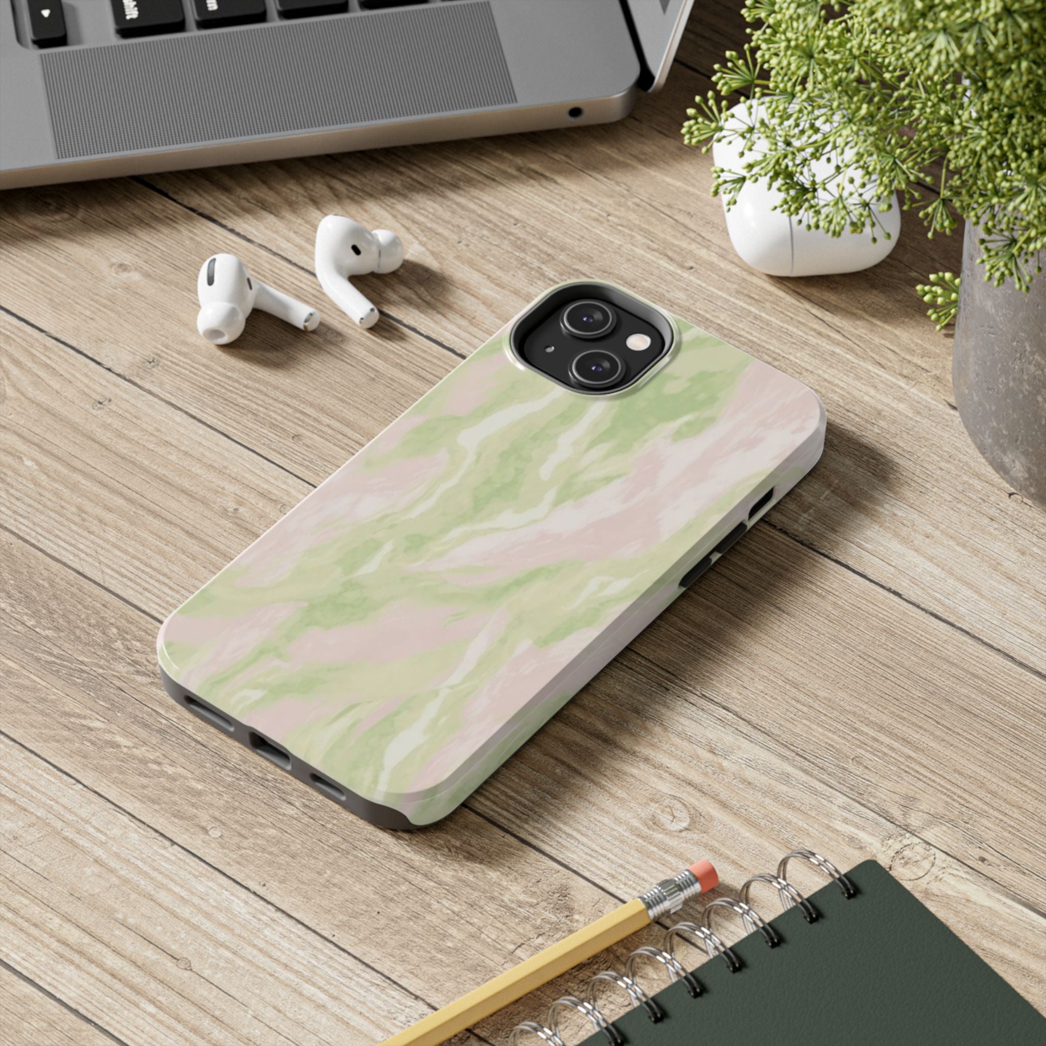 Pastel Marble Tough Phone Case — Pink & Sage Protective Phone Cover