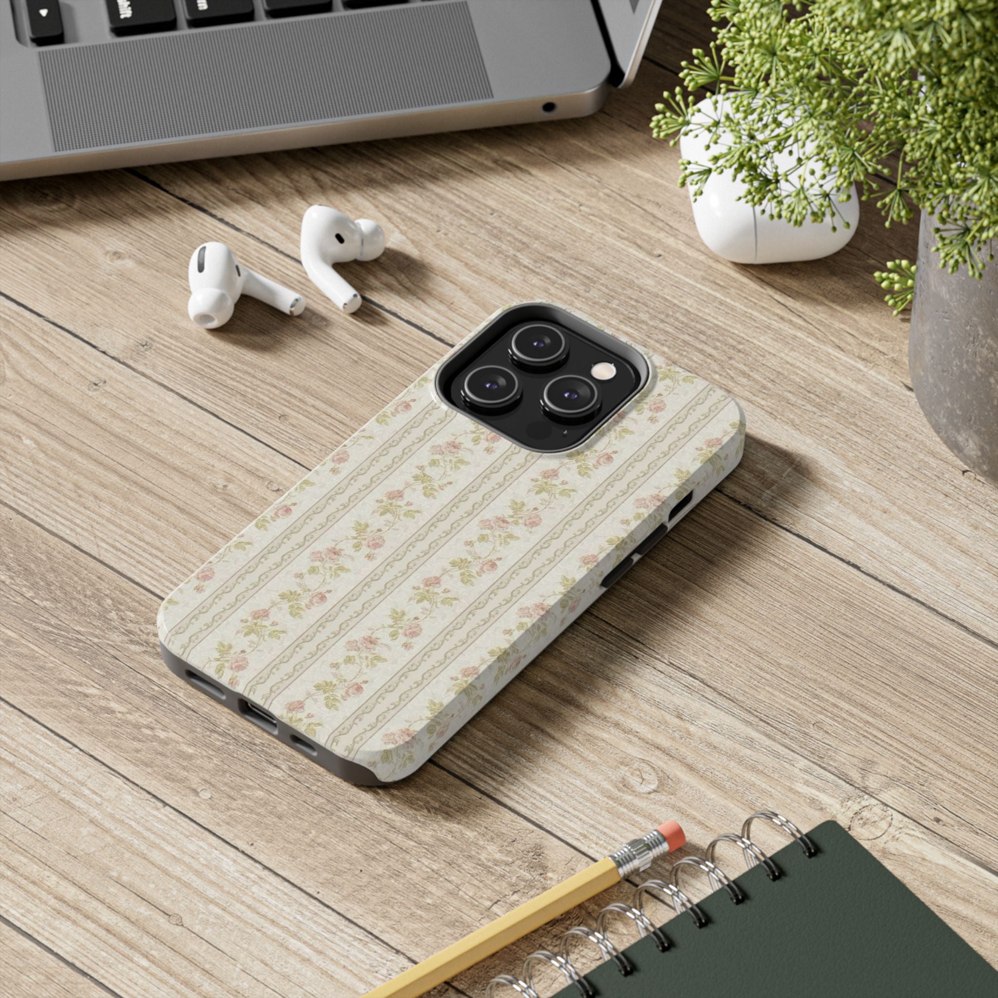 Vintage Floral Stripe Tough Phone Case — Shabby Chic Rose Protection