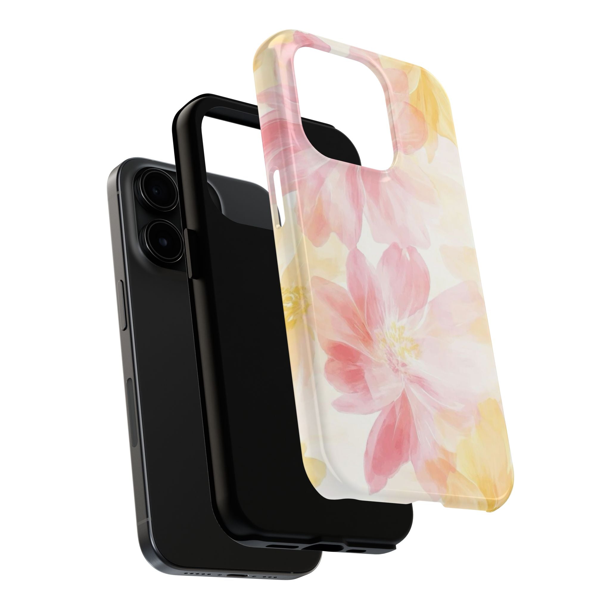 Floral Watercolor Tough Phone Case — Pink & Yellow Bloom Protective Cover