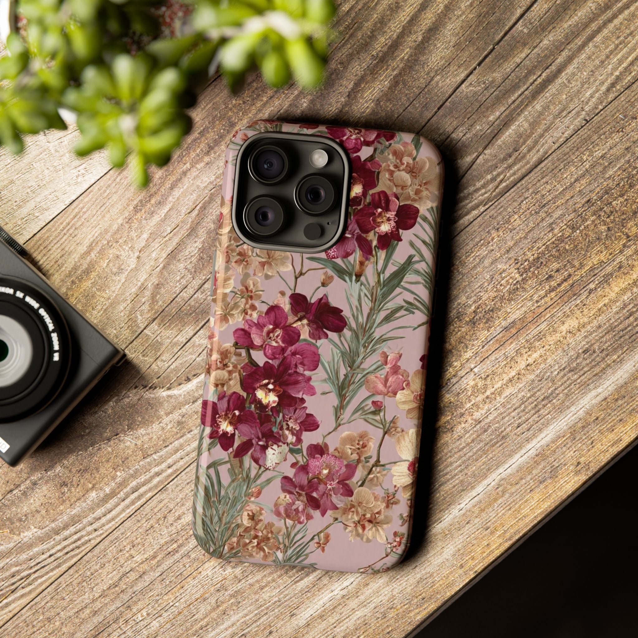 Floral Orchid Tough Phone Case — Vintage Pink Burgundy Protection