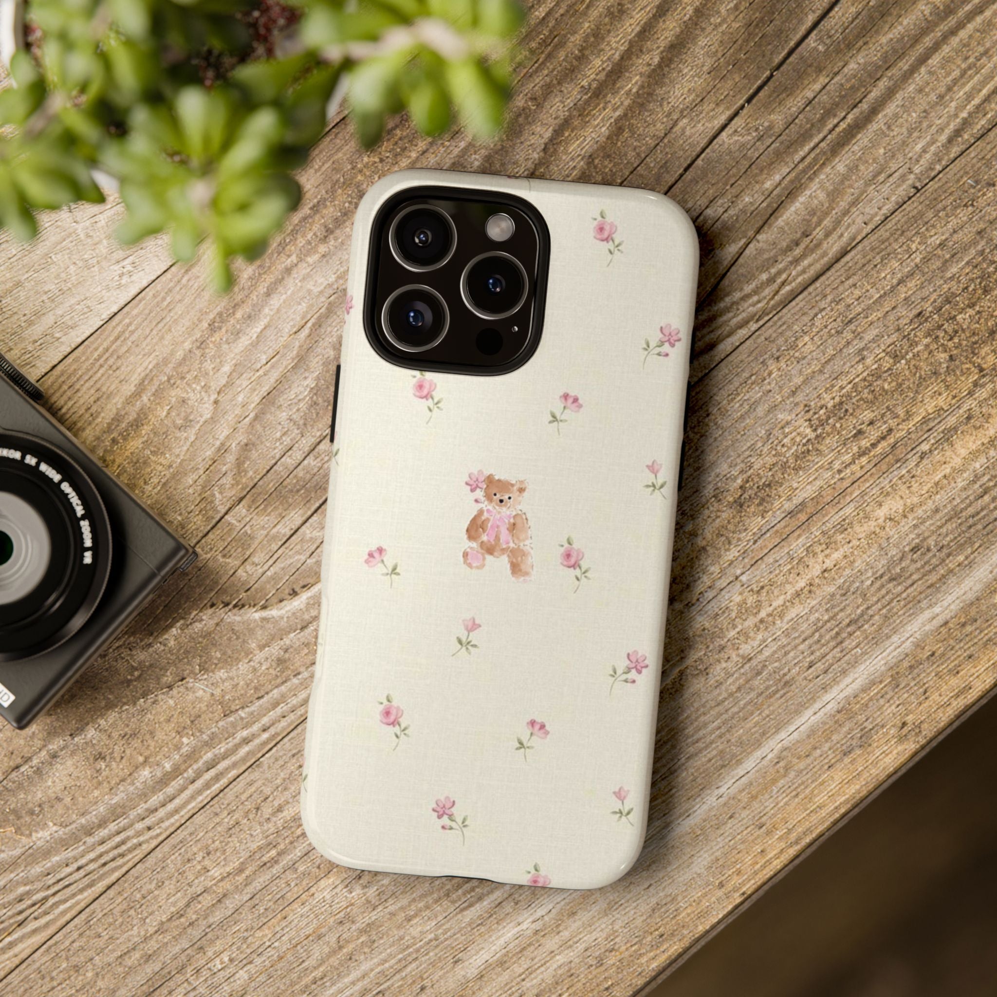 Teddy Floral Tough Phone Case — Cute Pastel Bear & Rose Pattern