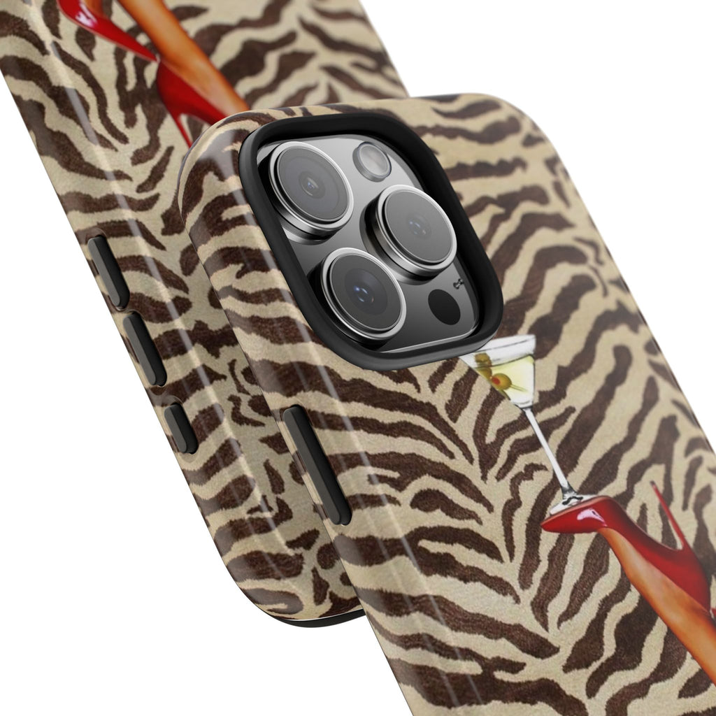 Zebra Glam Tough Phone Case — Martini & Red Heels Retro Style