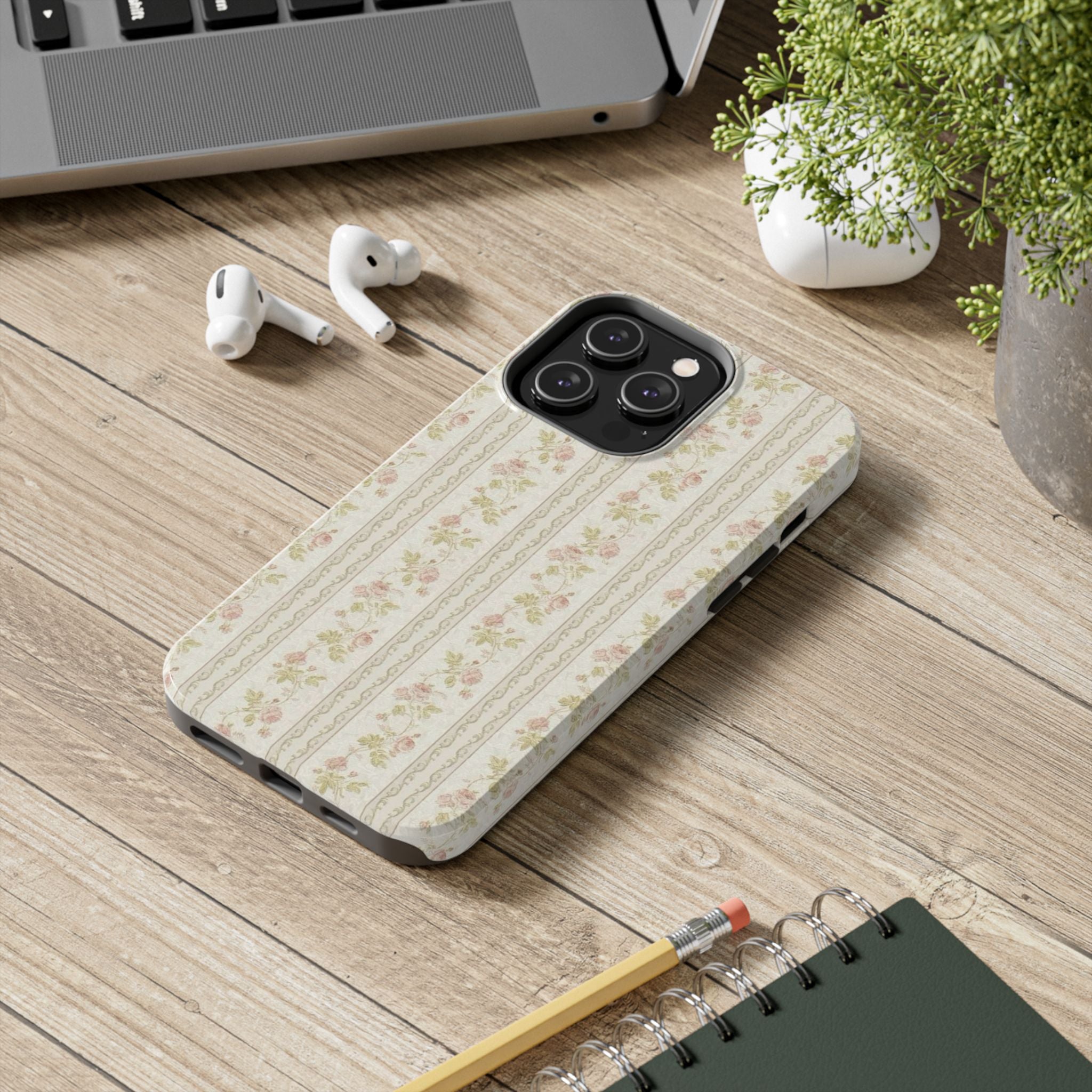 Vintage Floral Stripe Tough Phone Case — Shabby Chic Rose Protection