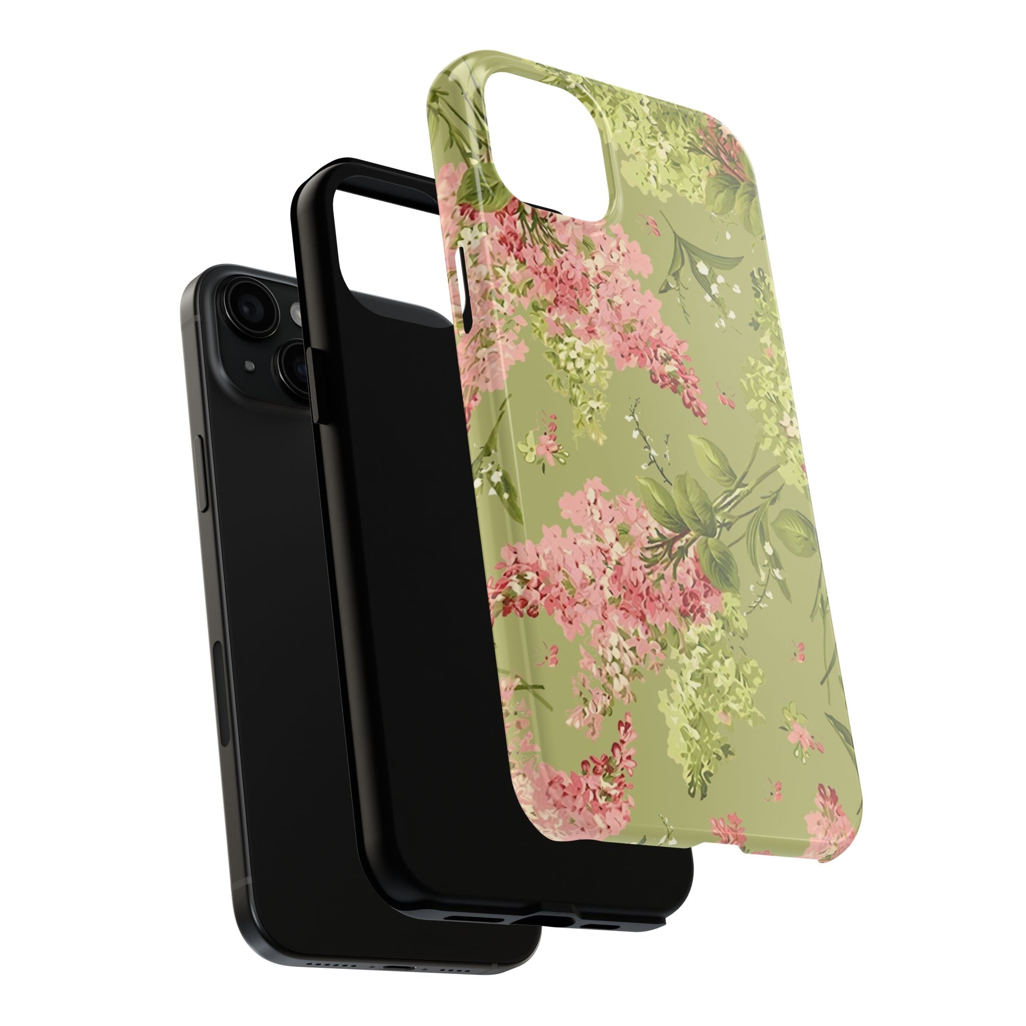 Floral Green Tough Phone Case — Vintage Pink Hydrangea Protective Phone Cover