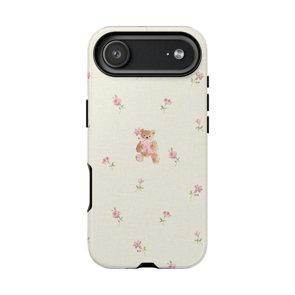 Teddy Floral Tough Phone Case — Cute Pastel Bear & Rose Pattern