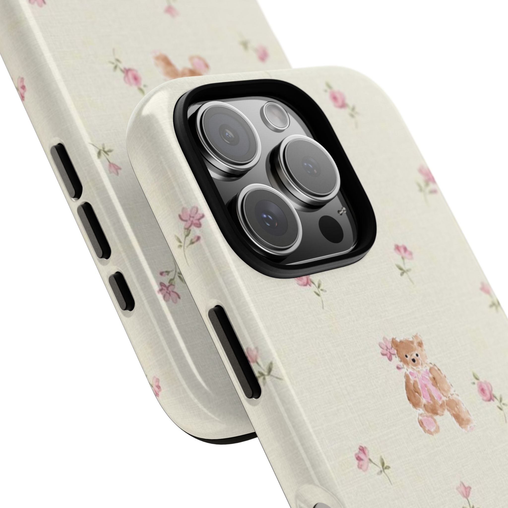 Teddy Floral Tough Phone Case — Cute Pastel Bear & Rose Pattern