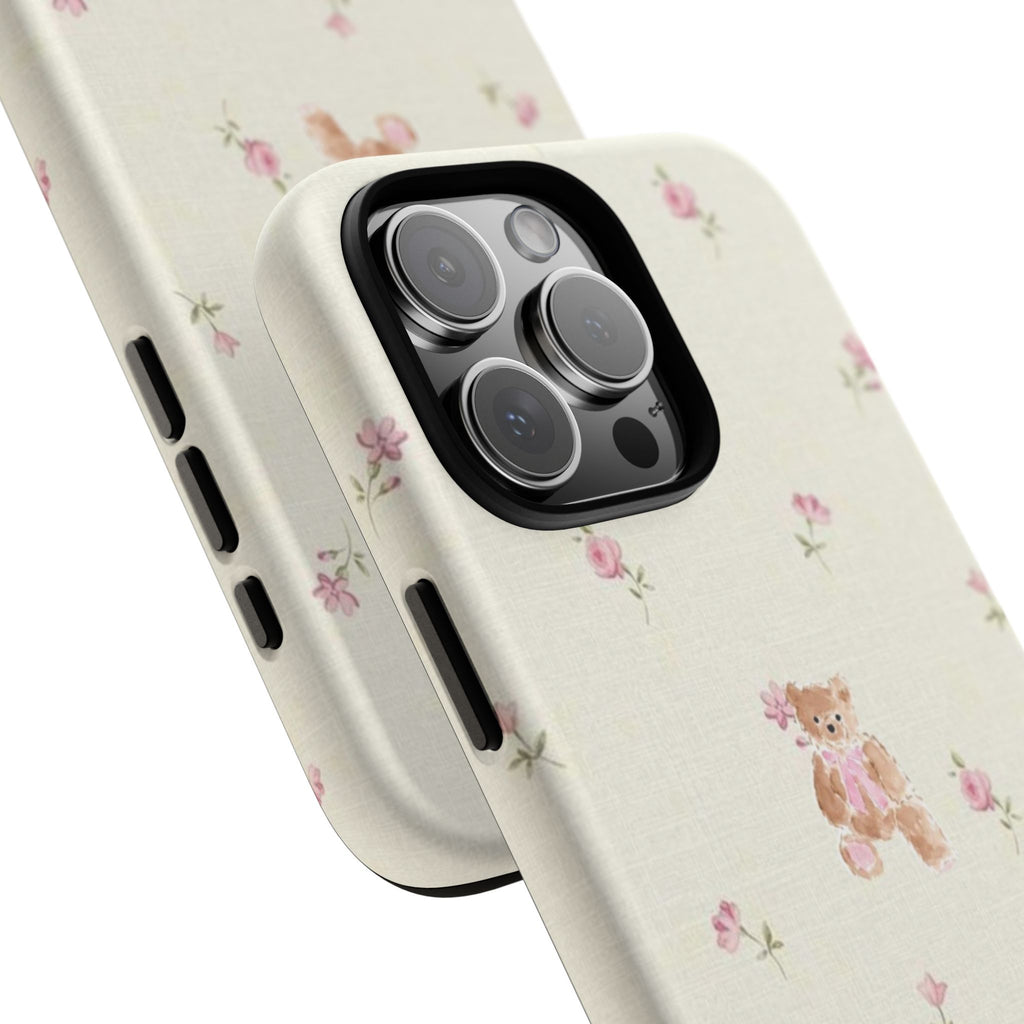 Teddy Floral Tough Phone Case — Cute Pastel Bear & Rose Pattern