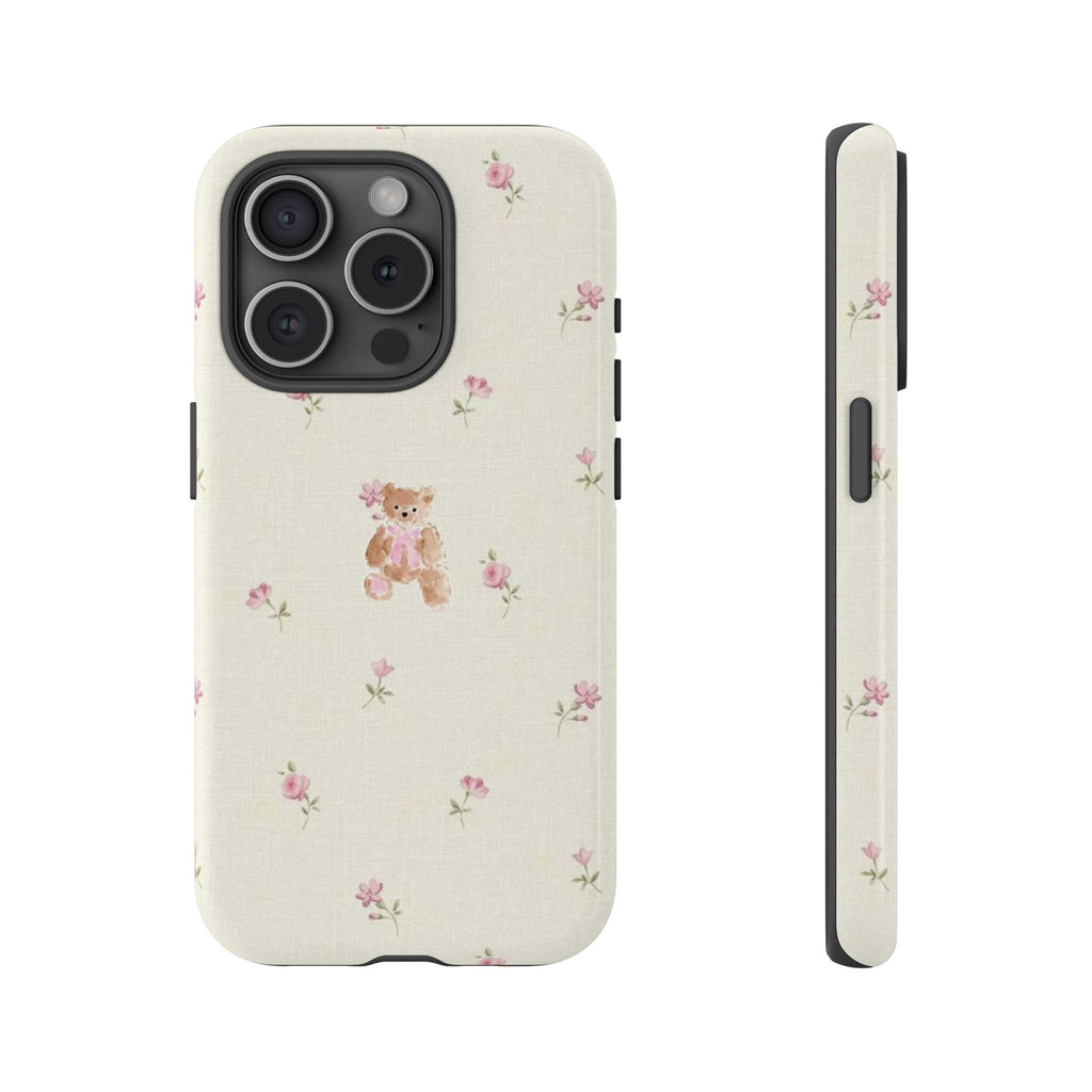 Teddy Floral Tough Phone Case — Cute Pastel Bear & Rose Pattern