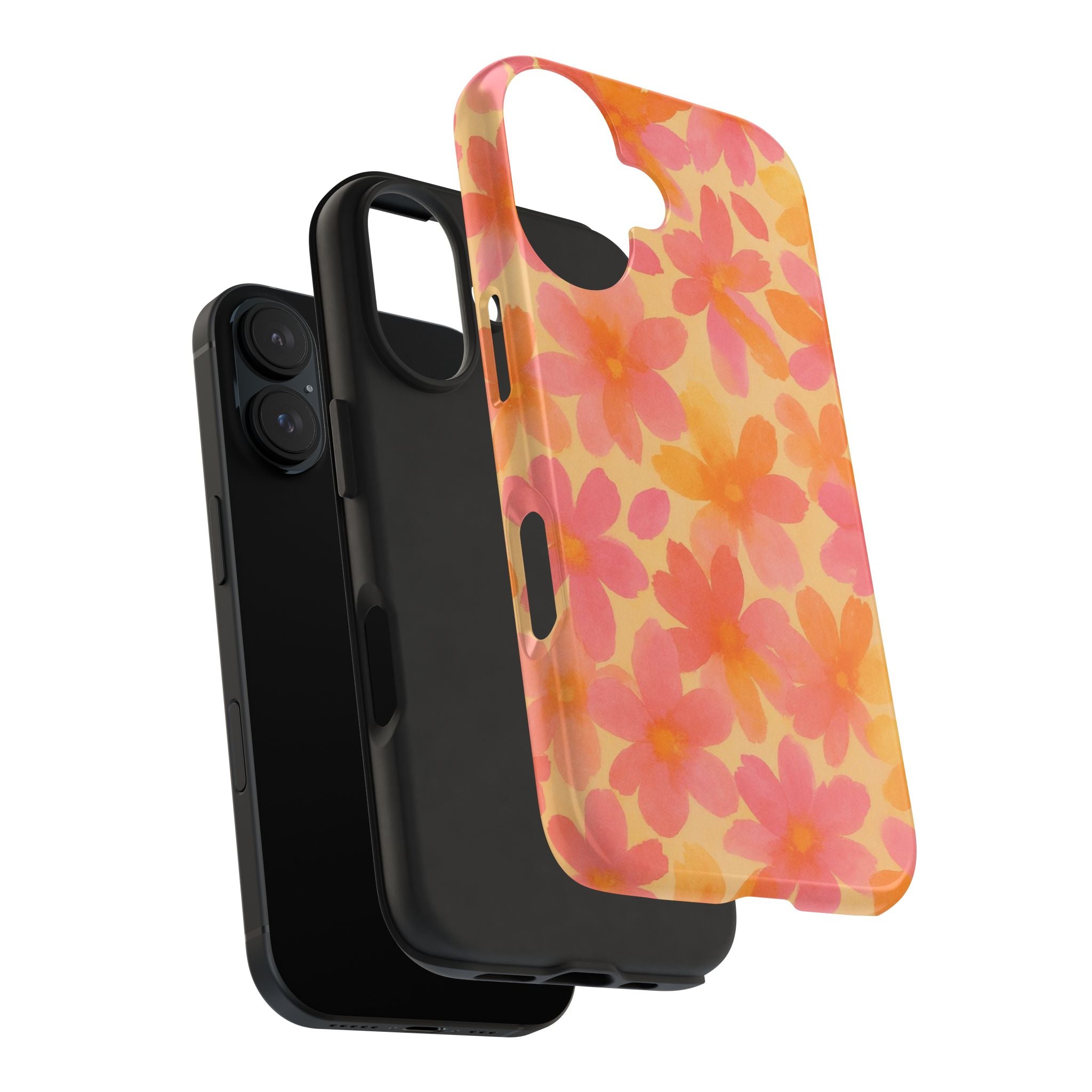 Floral Watercolor Tough Phone Case — Pink & Orange Bloom Protective Cover