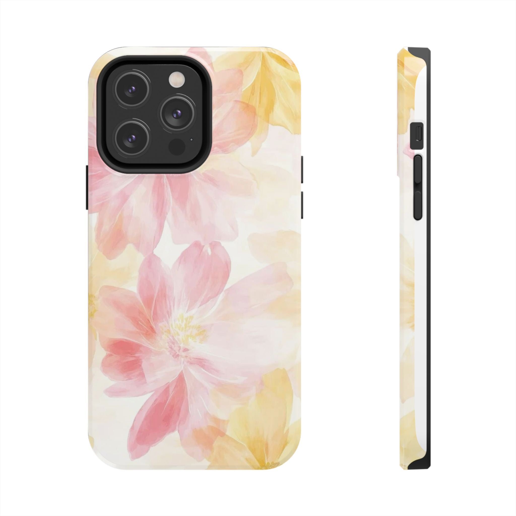 Floral Watercolor Tough Phone Case — Pink & Yellow Bloom Protective Cover